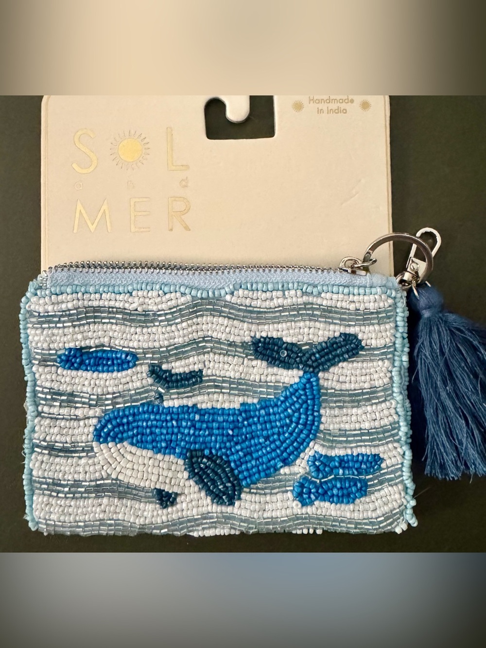 NWT Sol & Mer Hand Beaded Whale Coin Purse Zipper Pouch Key Chain